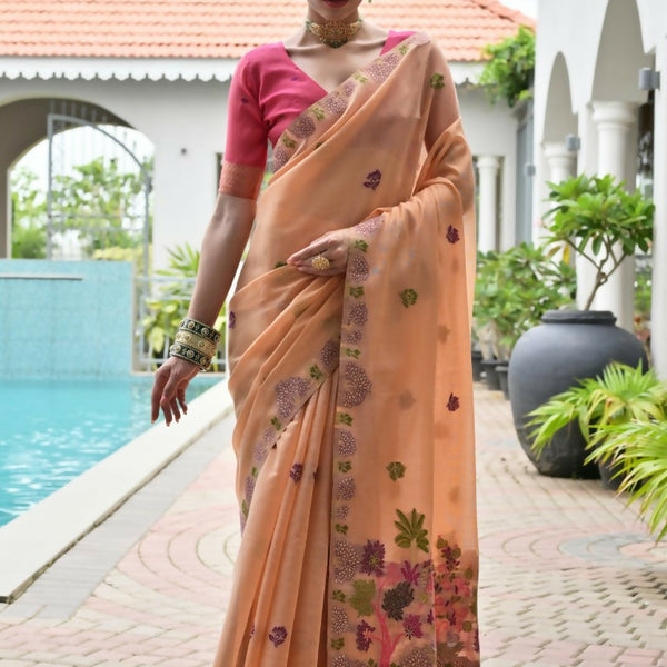 Vishnu Weaves Women's Peach Muga Cotton Thread Weaving Saree with Blouse