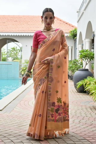 Vishnu Weaves Women's Peach Muga Cotton Thread Weaving Saree with Blouse
