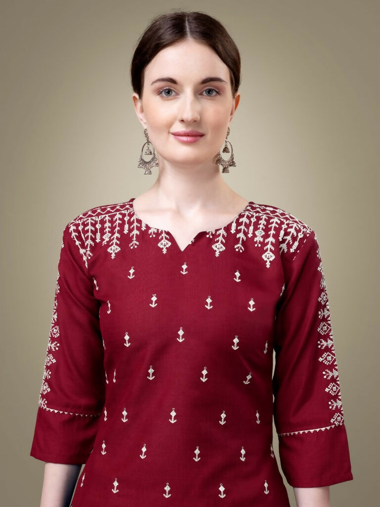 Jyoti Fashion Women's Maroon Cotton Blend Embroidery & Sequence work Kurta with Trouser & Dupatta - Distacart