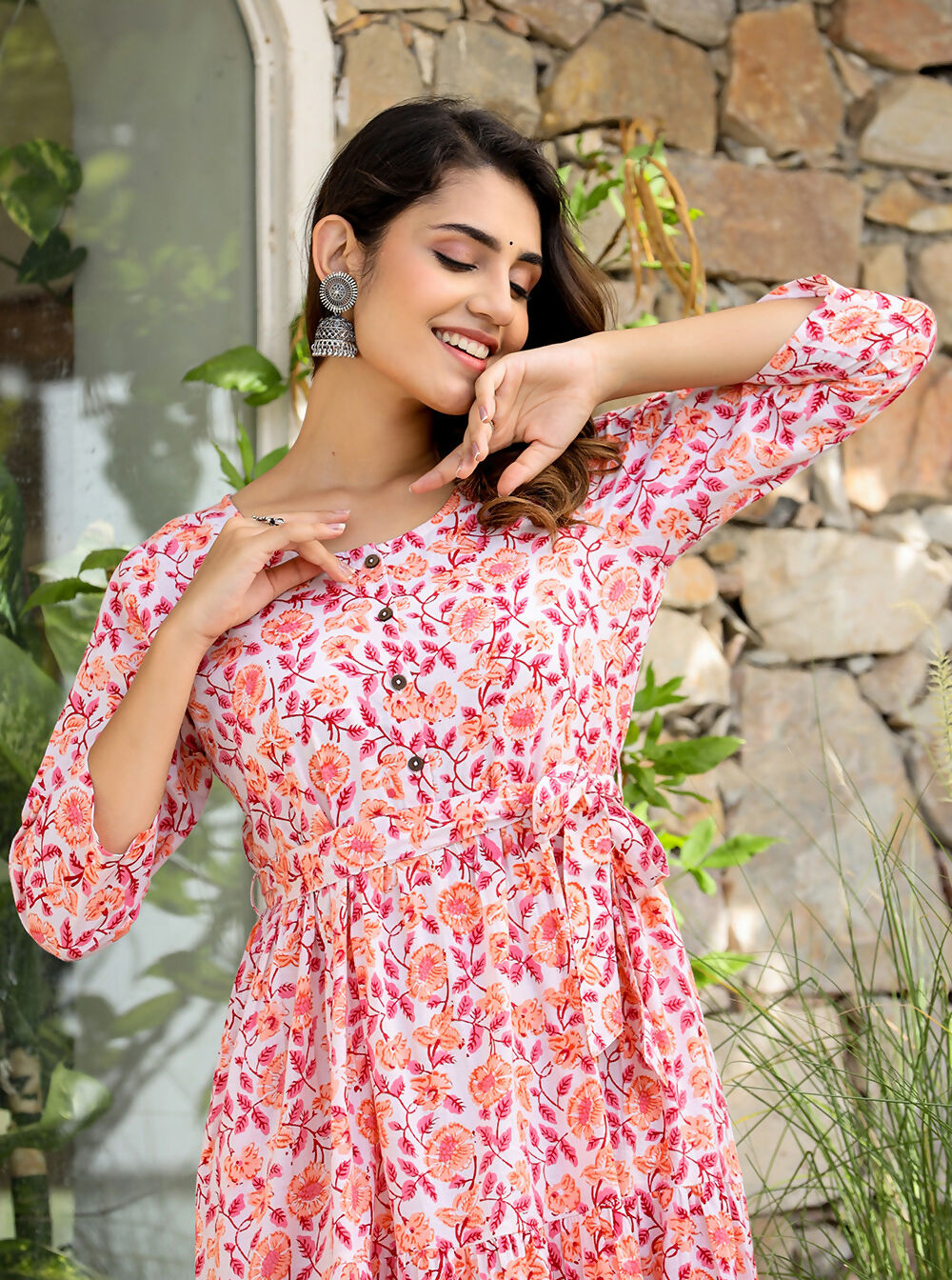 Kaajh Women's Orange Ethnic Floral Hand Block Print Cotton Dress - Distacart