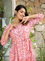 Thumbnail for Kaajh Women's Orange Ethnic Floral Hand Block Print Cotton Dress - Distacart