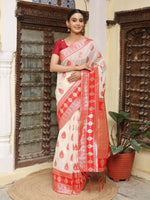 Thumbnail for Astita White & Red Linen Cotton Saree