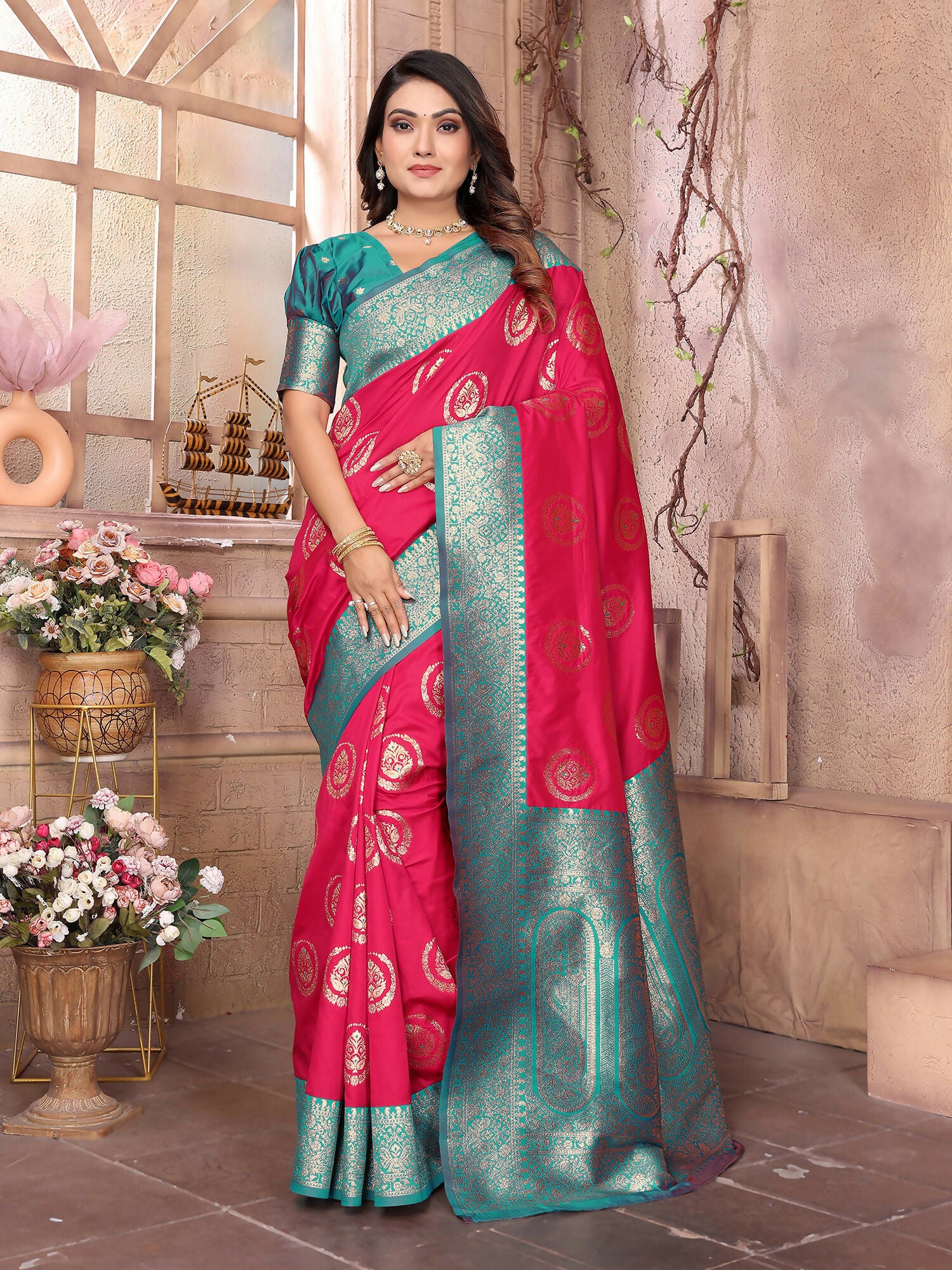 Joban Fashion Hot Pink Banarasi Soft Silk Woven Saree