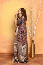 Thumbnail for Very Much Indian Modal Silk Ajrakh Handblock Printed Natural Dyes With Designer Border Saree - Brown - Distacart