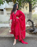 Thumbnail for The52 Red Women's Beautiful Rayon Fabric Printed Work Straight Kurta Pant and Dupatta Set - Distacart