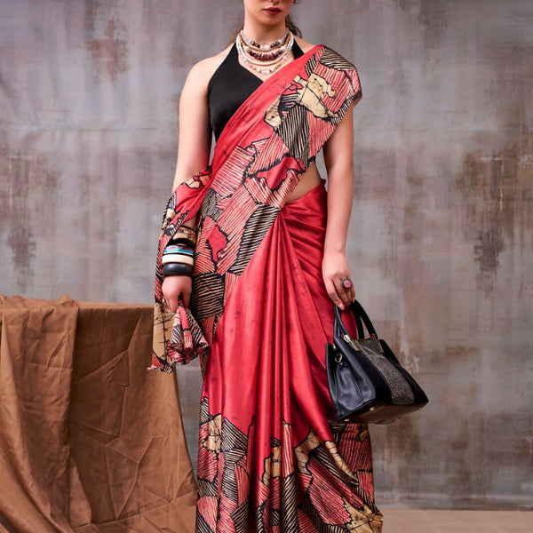 Vastranavya Red Satin Silk Printed Saree with a Natural Silk Unstitched Blouse - Distacart