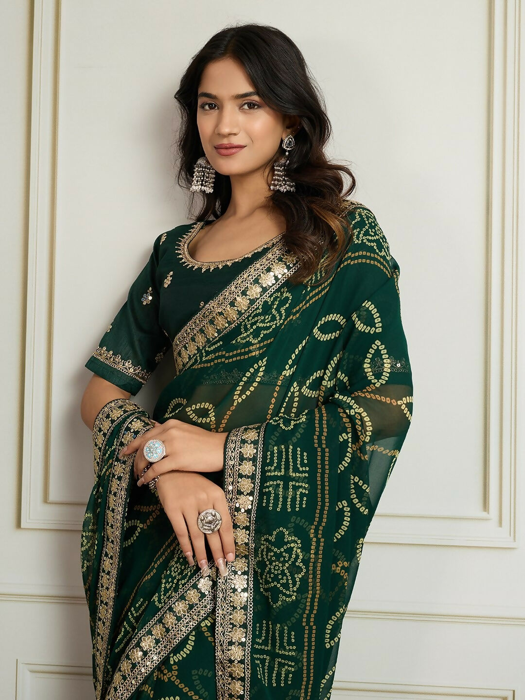 Ai Fashion Dark Green Georgette Rajwadi Bandhani Print Party Wear Saree