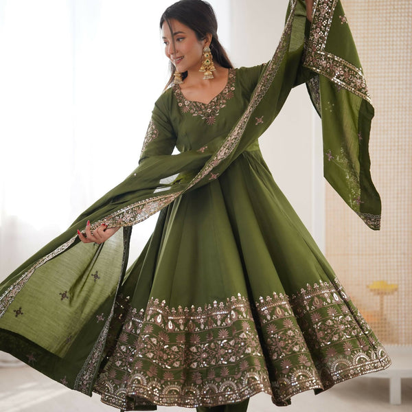 Teeya Creation Green Roman Silk Embroidery Work Party Wear Long Gown - Distacart