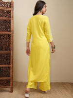 Thumbnail for Vishudh Yellow Floral Embroidered Round Neck Thread Work Straight Kurta With Palazzos