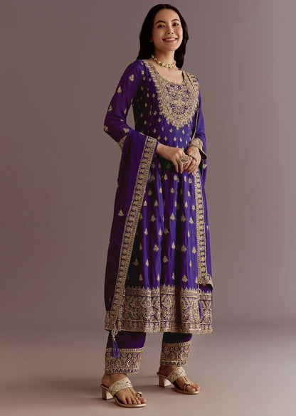 Teeya Creation Purple Color Chinnon Silk Embroidery Work Gown - Distacart