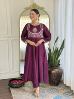 Thumbnail for The52 Purple Women's Gorgeous Embroidered Vichitra Silk Fabric Flared Kurta Pant with Dupatta Set - Distacart