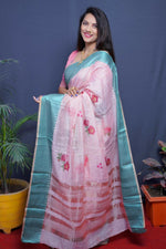 Thumbnail for Jyoti Fashion Women's Teal Linen Silk Digital Print with Jacquard Woven Border Saree with Blouse - Distacart