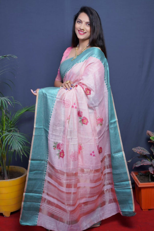 Jyoti Fashion Women's Teal Linen Silk Digital Print with Jacquard Woven Border Saree with Blouse - Distacart