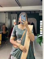 Thumbnail for Vastranavya Kalamkari Print With Weaving Border Lehenga with Unstitched Blouse - Grey - Distacart