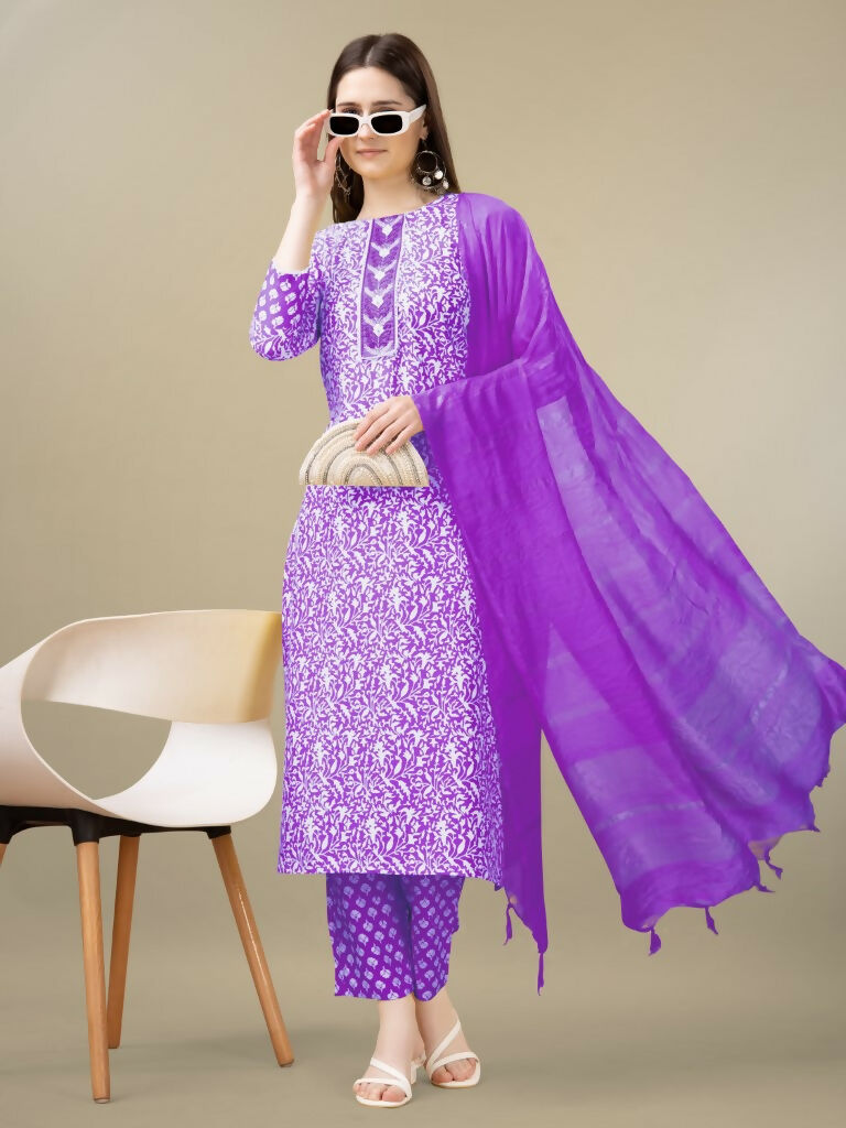 Jyoti Fashion Women's Purple Rayon Embroidery & Sequence work Kurta with Trouser & Dupatta - Distacart