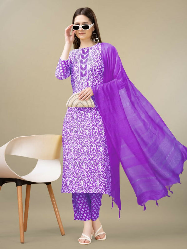 Jyoti Fashion Women's Purple Rayon Embroidery & Sequence work Kurta with Trouser & Dupatta - Distacart