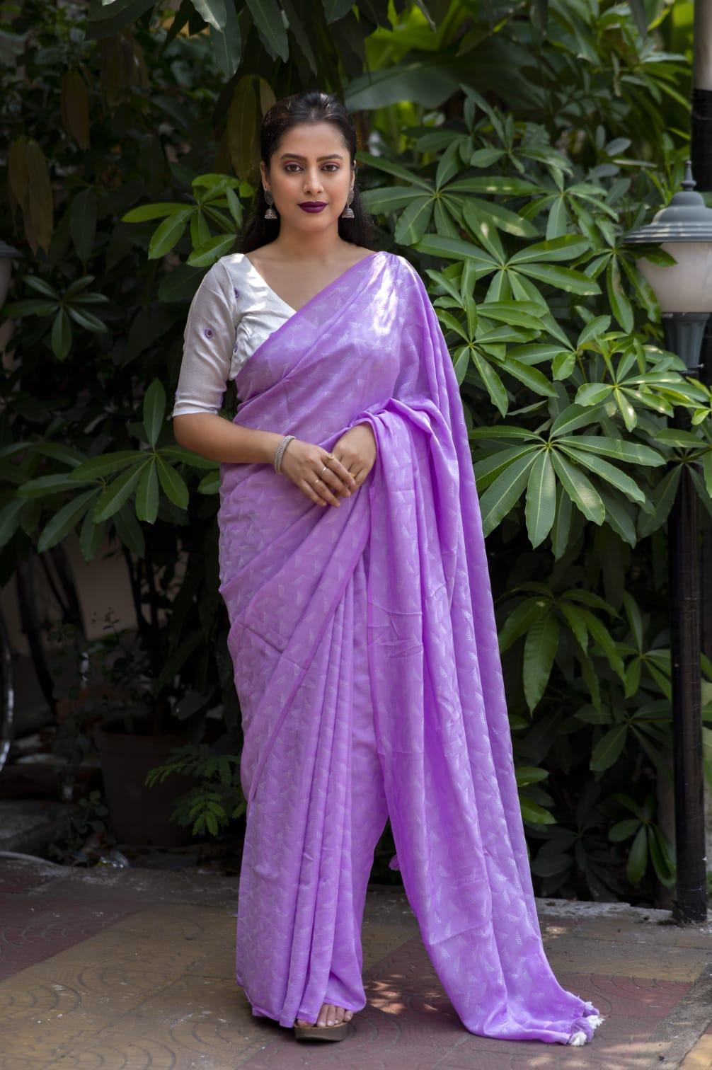 Lavender Poly Georgette Woven Design Saree with Unstitched Blouse - A2M - Distacart
