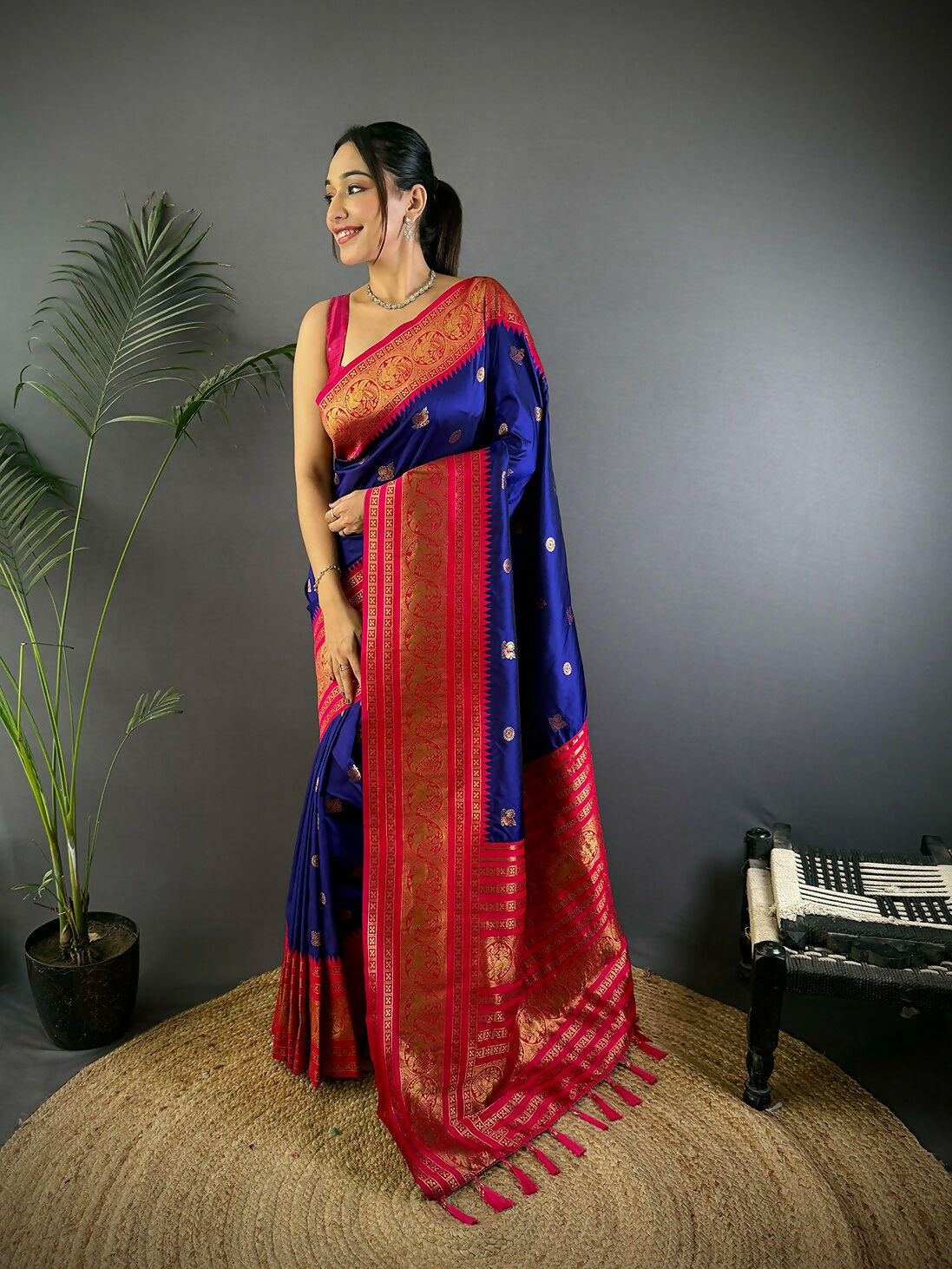 Joban Fashion Banarasi Navy Blue Woven Soft Silk Saree