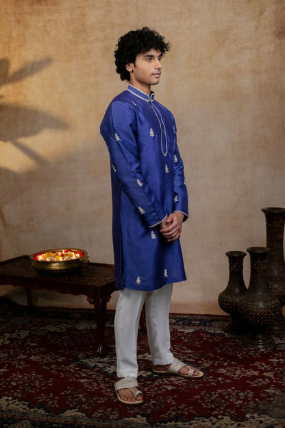 Falling Raw Silk Dark Blue Silver Stitches Kurta Set By Hilo Design - Distacart