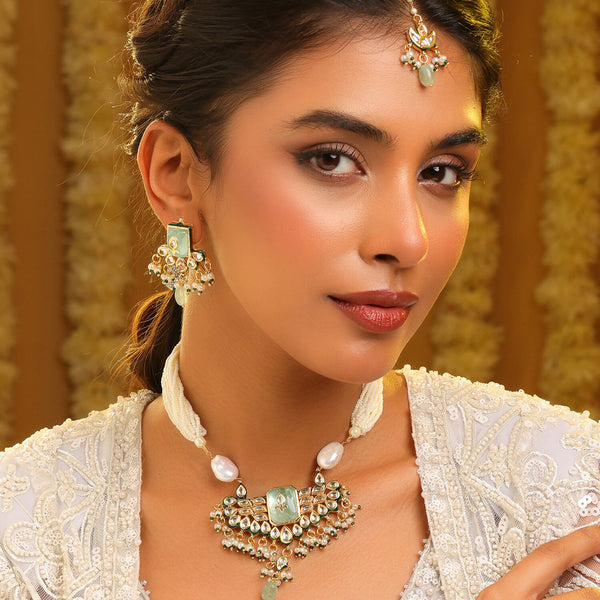 Ruby Raang Pearl Glow Necklace With Matching Earrings And Maang Tikka - Distacart