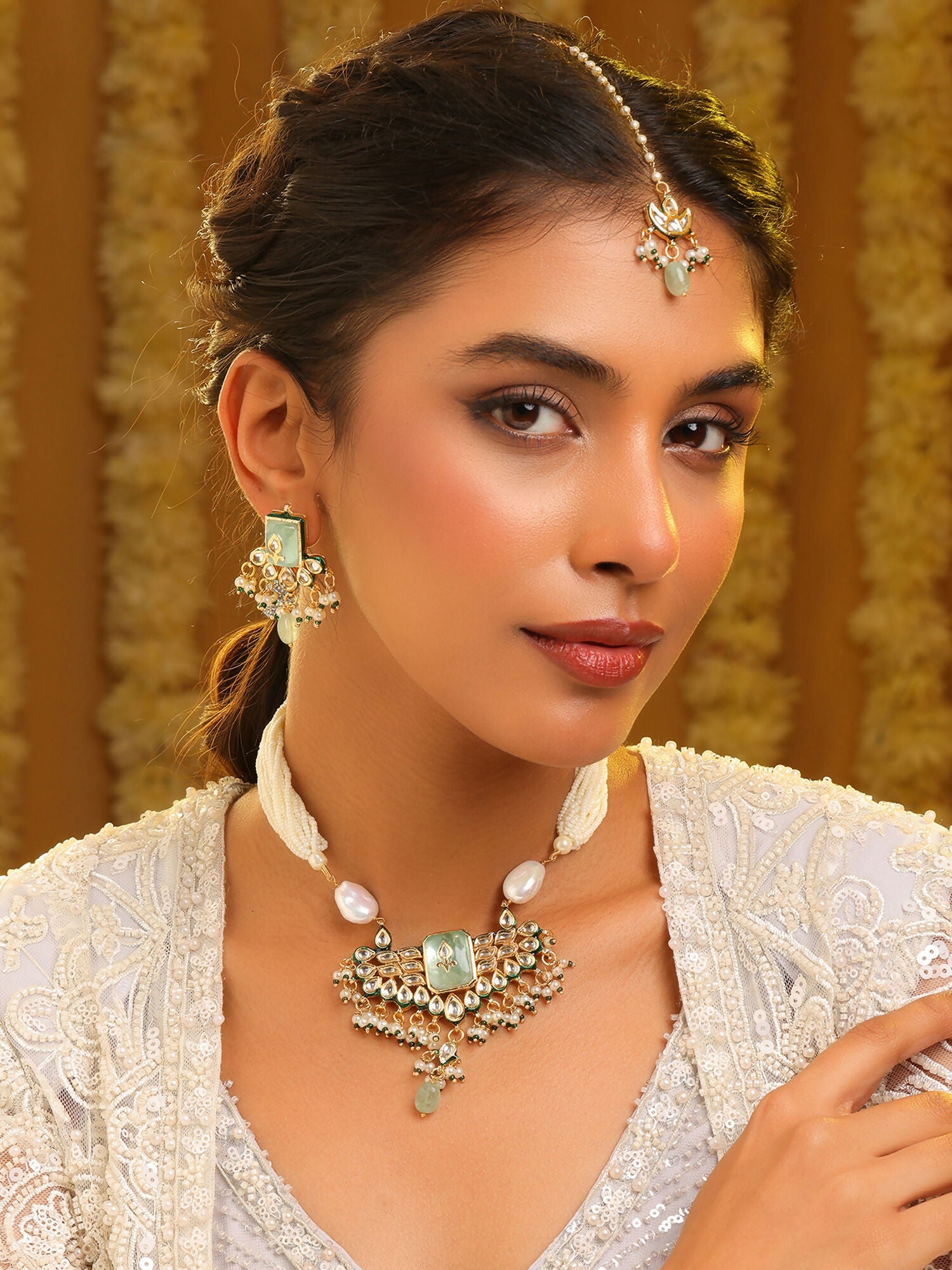 Ruby Raang Pearl Glow Necklace With Matching Earrings And Maang Tikka - Distacart