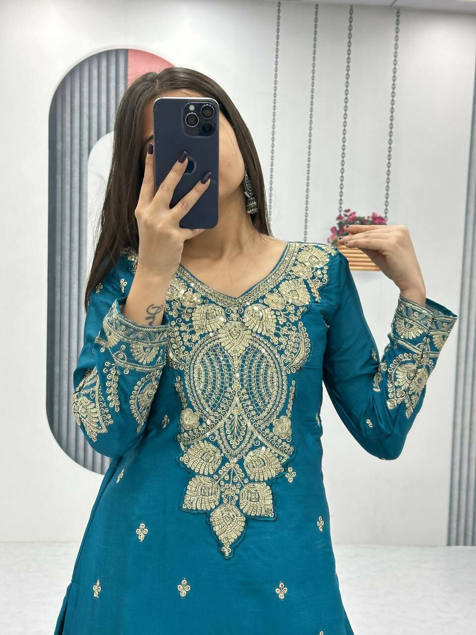 Teeya Creation Womens New Wedding Wear Heavy Embroidery Thread Work Teal Kurta Set - Dista