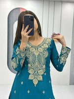 Thumbnail for Teeya Creation Womens New Wedding Wear Heavy Embroidery Thread Work Teal Kurta Set - Dista