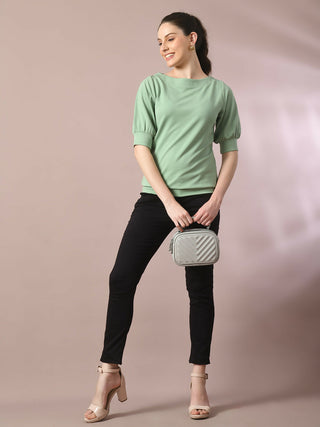 Myshka Women's Sea Green Solid Boat Neck Party Top - Distacart