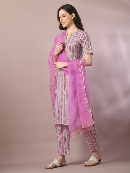 Myshka Women's Multi Printed Cotton Straight Party Kurta Set With Dupatta - Distacart