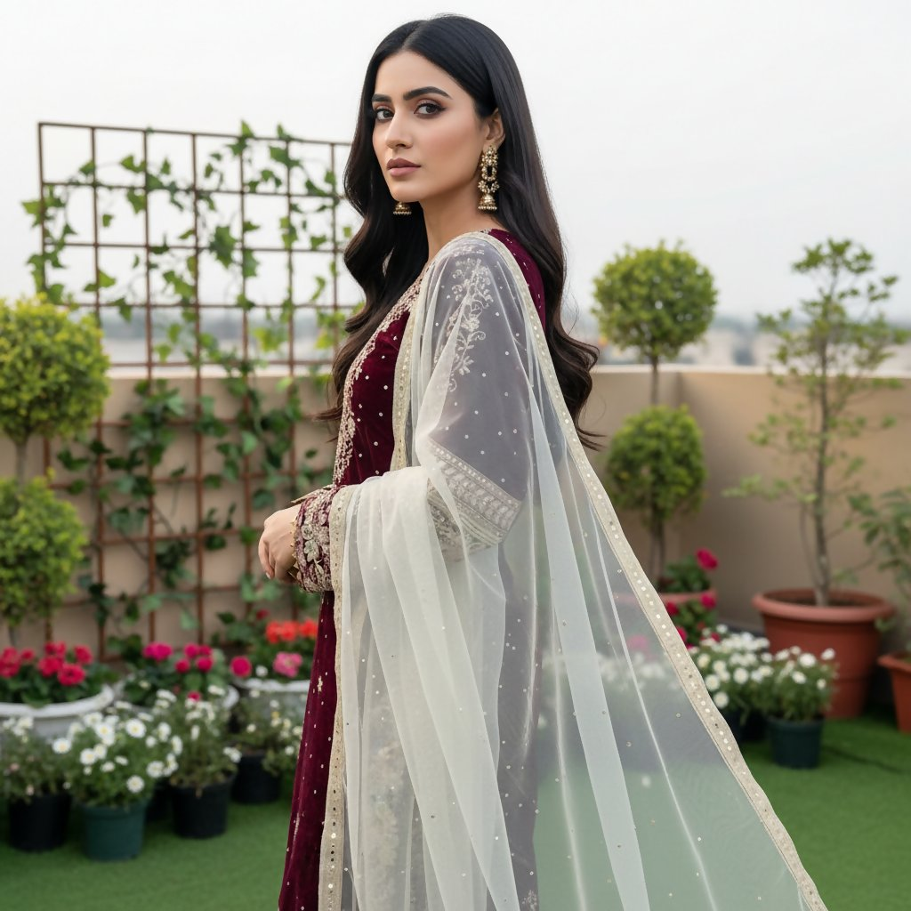 Teeya Creation Maroon Color Velvet Designer Embroidery Work party Wear Suit