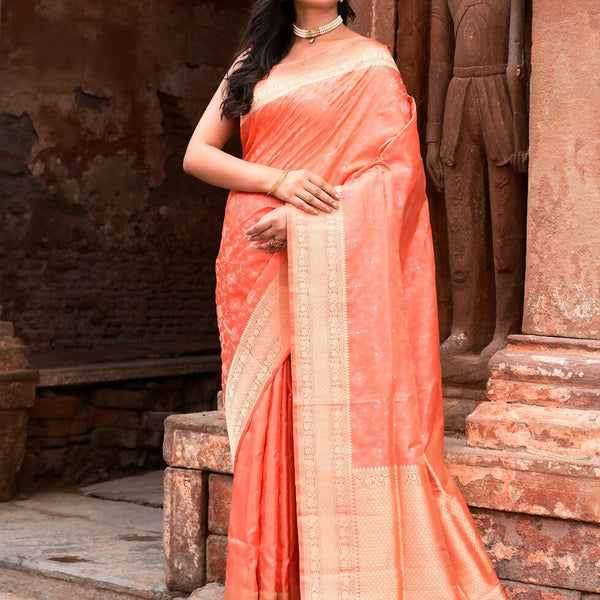 Joban Fashion Peach Banarasi Katan Pure Handloom Banarasi Silk Saree
