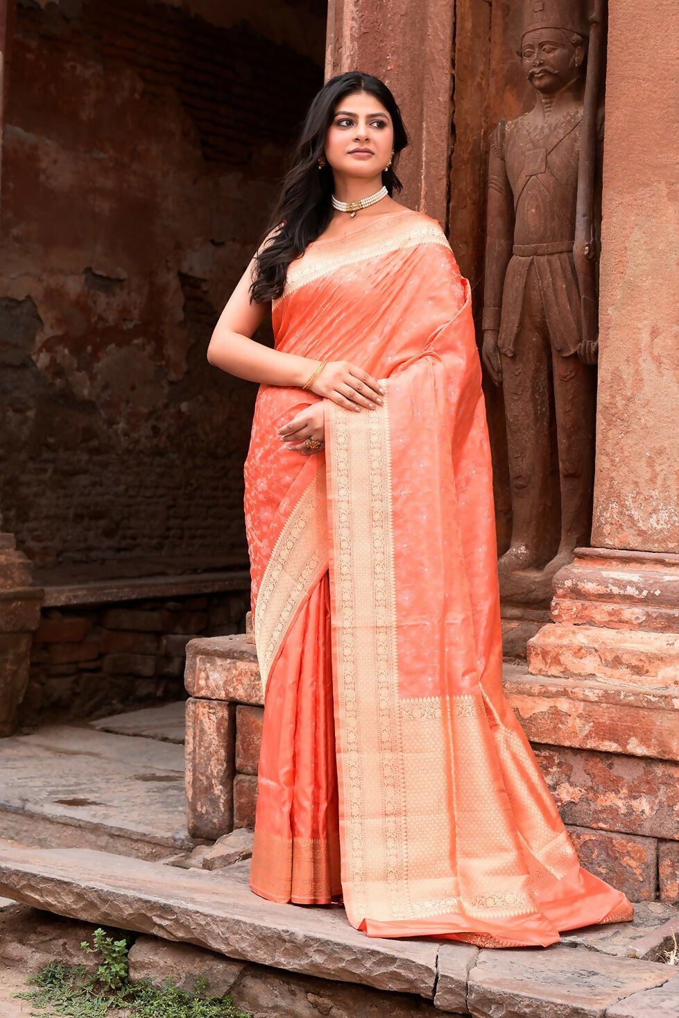 Joban Fashion Peach Banarasi Katan Pure Handloom Banarasi Silk Saree - Dista