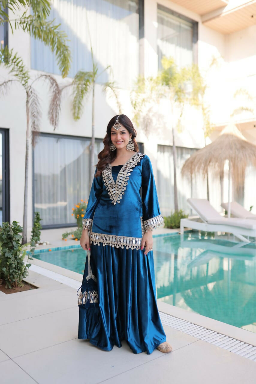 Joban Fashion Rama Velvet Embroidery Sequence Work Readymade Kurta Set - Distacart