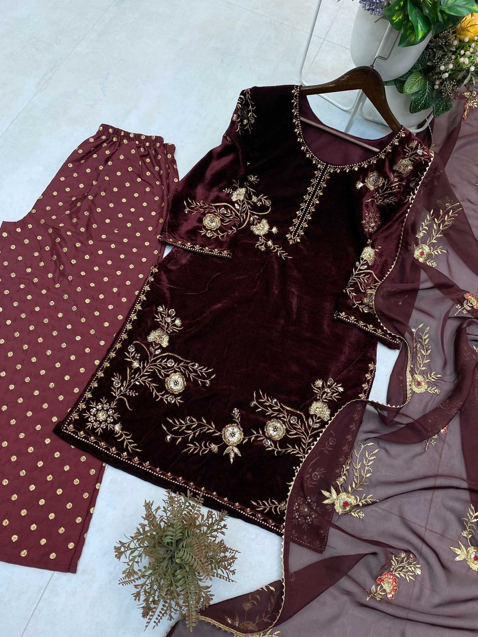 Vastranavya Wine Velvet Sequence Embroidery Work Kurta & Palazzo With Dupatta