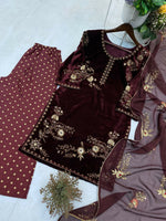 Thumbnail for Vastranavya Wine Velvet Sequence Embroidery Work Kurta & Palazzo With Dupatta