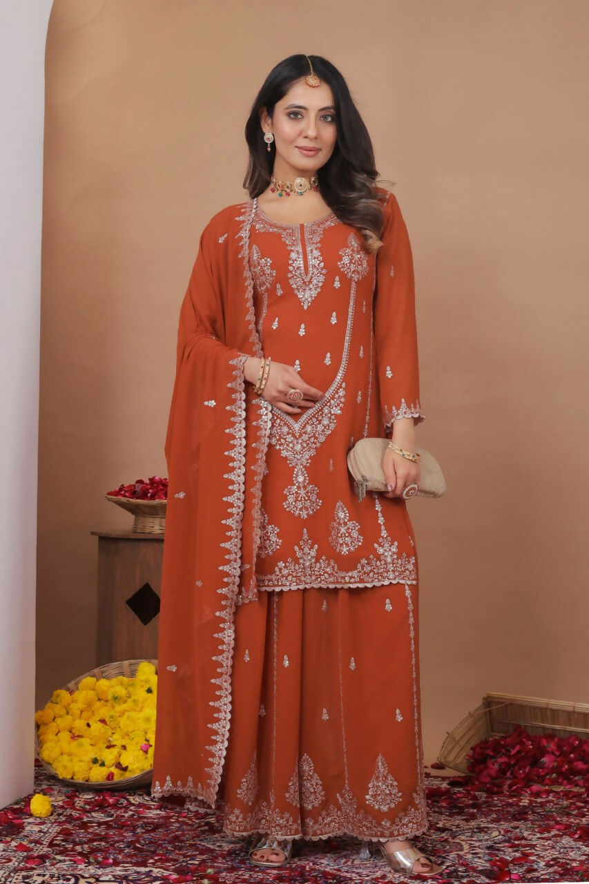 Joban Fashion Dark Orange Georgette Embroidered Sharara Set - Distacart