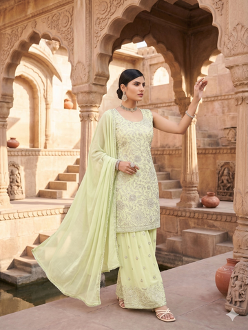 Teeya Creation Womens New Designer Georgette Embroidered Sharara Set With Sequence Work And Lace Border Dupatta - Dista