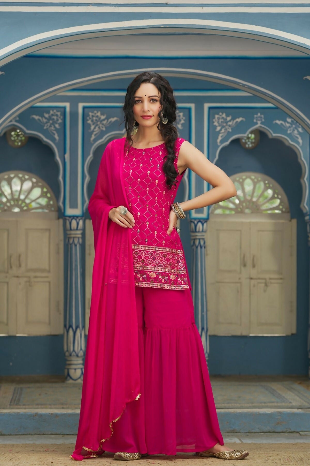 Juniper Ethnic Motif Printed Georgette Kurta Sharara & Chiffon Dupatta Set With Thread Work Embroidery - Distacart