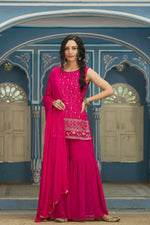 Thumbnail for Juniper Ethnic Motif Printed Georgette Kurta Sharara & Chiffon Dupatta Set With Thread Work Embroidery - Distacart