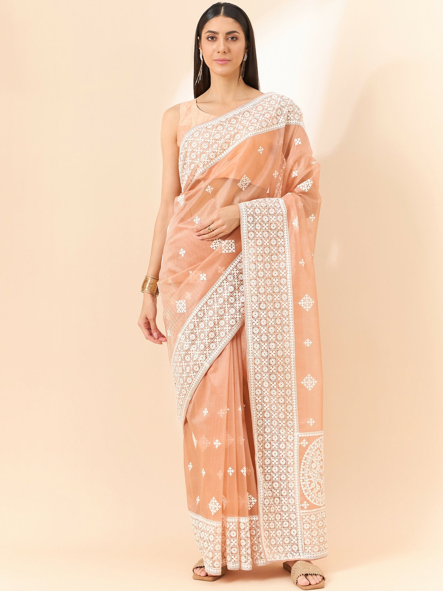 Peach Organza Geometric Embroidered Saree with Unstitched Blouse Piece - Roozal - Distacart