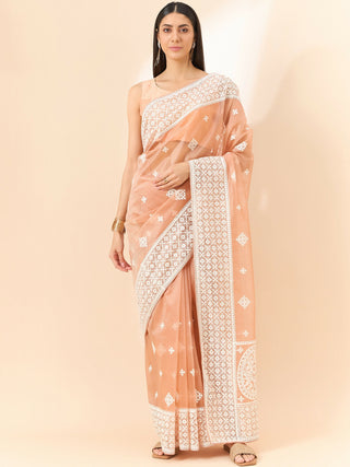 Peach Organza Geometric Embroidered Saree with Unstitched Blouse Piece - Roozal - Distacart