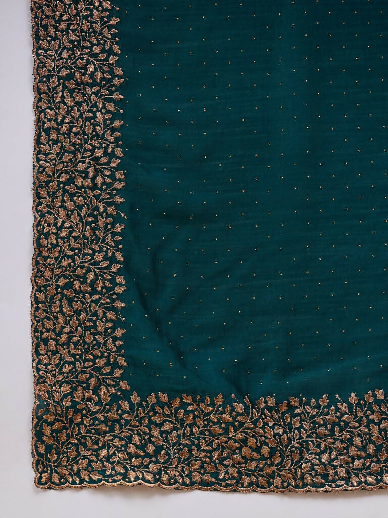 Teal Silk Blend Embroidered Saree with Unstitched Blouse - Vairagi - Distacart