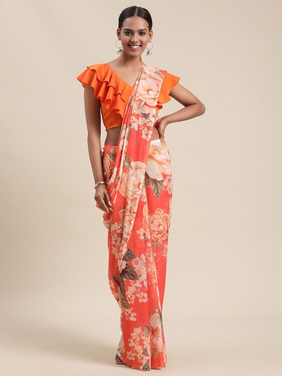 Ahalyaa Women's Orange Colour Chiffon Digital Print Floral Saree - Distacart