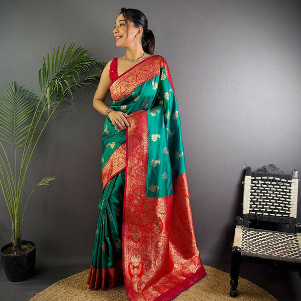 Joban Fashion Banarasi Green Woven Butti Soft Silk Saree - Distacart