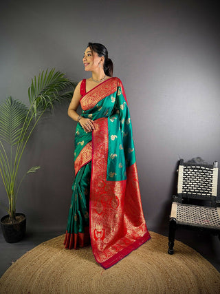 Joban Fashion Banarasi Green Woven Butti Soft Silk Saree