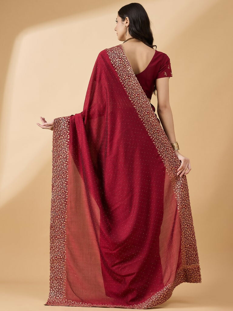 Maroon Silk Blend Embroidered Saree with Unstitched Blouse - Vairagi - Distacart