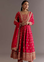 Thumbnail for Teeya Creation Red Color Chinnon Silk Embroidery Work Gown - Distacart