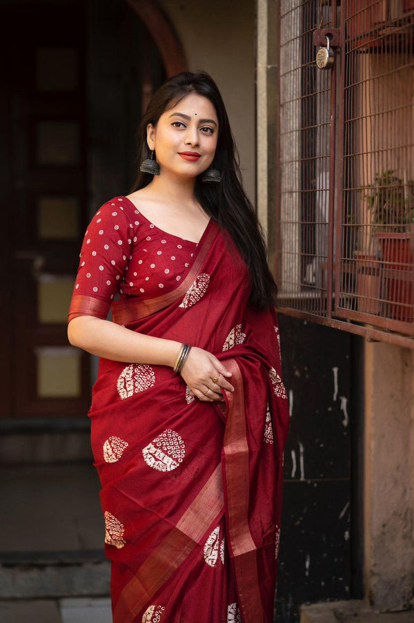 Maroon Cotton Crepe Batik Print Saree with Unstitched Blouse - Hiral Fashion - Distacart