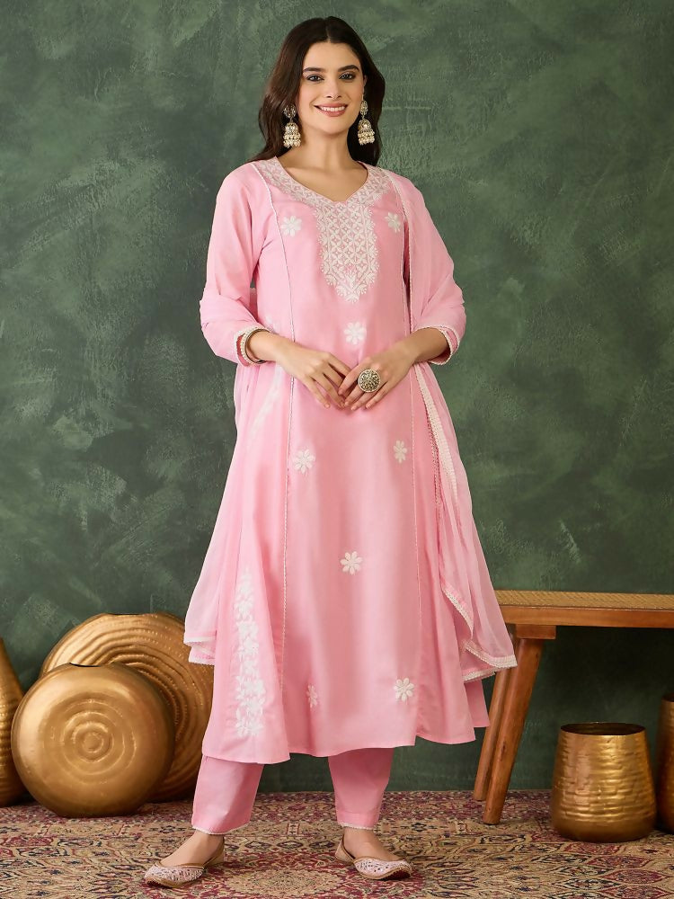 The52 Women's Beautiful Thread Work Cotton satin Fabric Flared Kurta Pant and Dupatta Set - Dista