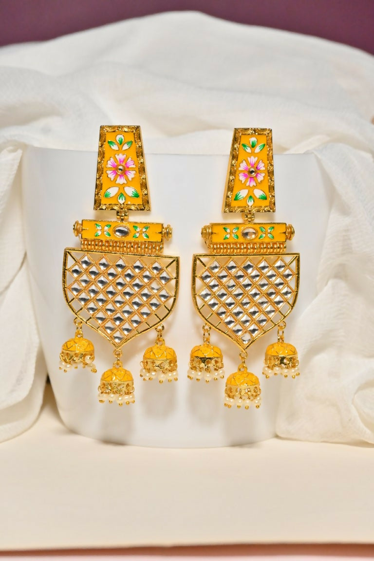 Yellow Traditional Gold-Polished Meenakari Jhumka Jhumki Earrings Indian Jewellery For Women Girls By House of Ree - Distacart